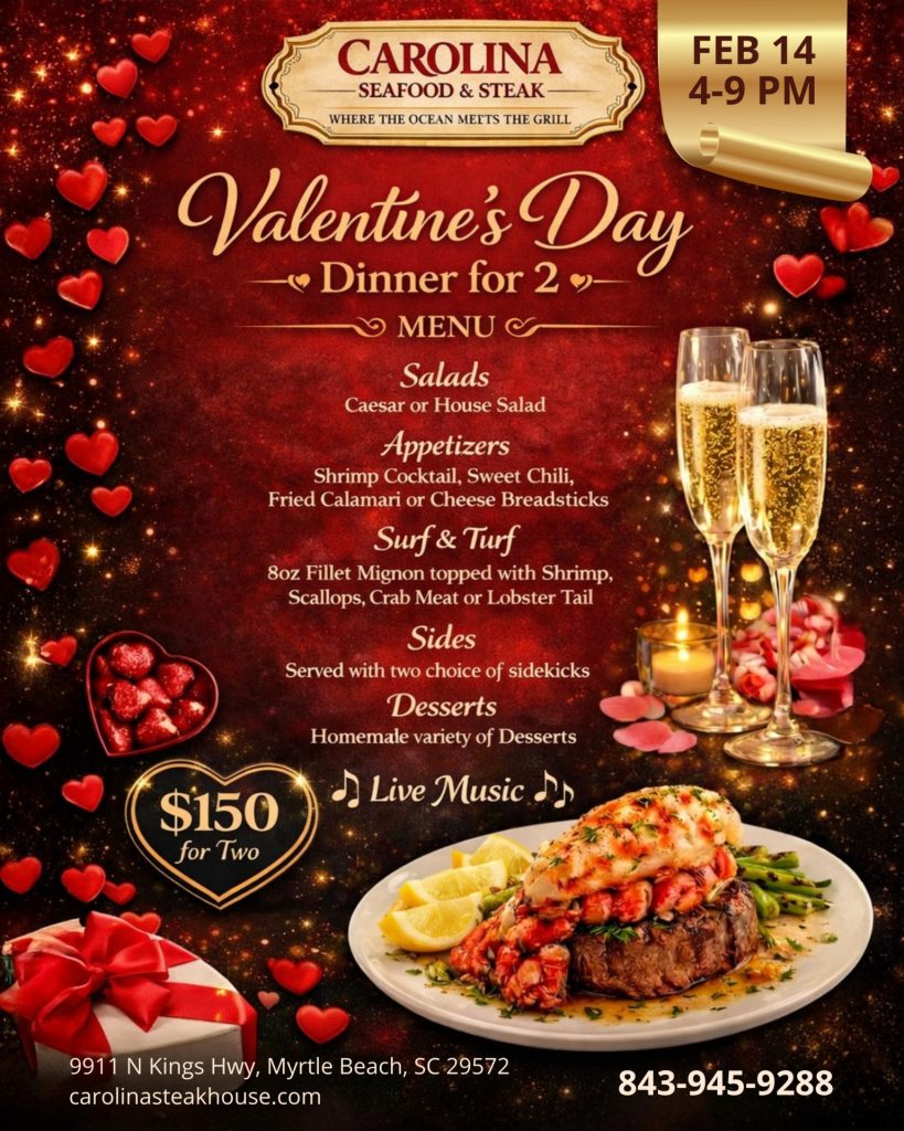 Carolina Seafood & Steak restaurant Myrtle Beach St Valentine's Day Special