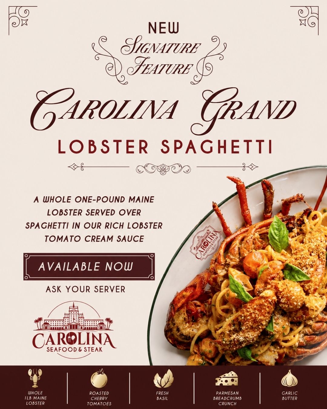 🦞 Thursdays just got delicious at Carolina Seafood & Steak!

Treat yourself to our Carolina Grand Lobster Spaghetti — a whole 1-lb Maine lobster served over spaghetti with rich lobster tomato cream sauce, plus your choice of soup or salad. 🍝✨

🍷 Add a glass of white wine for just $6 and make it the perfect Thursday dinner.

THURSDAYS ONLY • $45 • WHILE SUPPLIES LAST

Come hungry — this is one Thursday special you don’t want to miss! ❤️

📍 9911 N Kings Hwy, Myrtle Beach, SC 29572
📞 (843)945-9288
🌐 carolinasteakhouse.com

#CarolinaSeafoodAndSteak #MyrtleBeachSeafood #LobsterLovers #MyrtleBeachRestaurants #MyrtleBeachEats