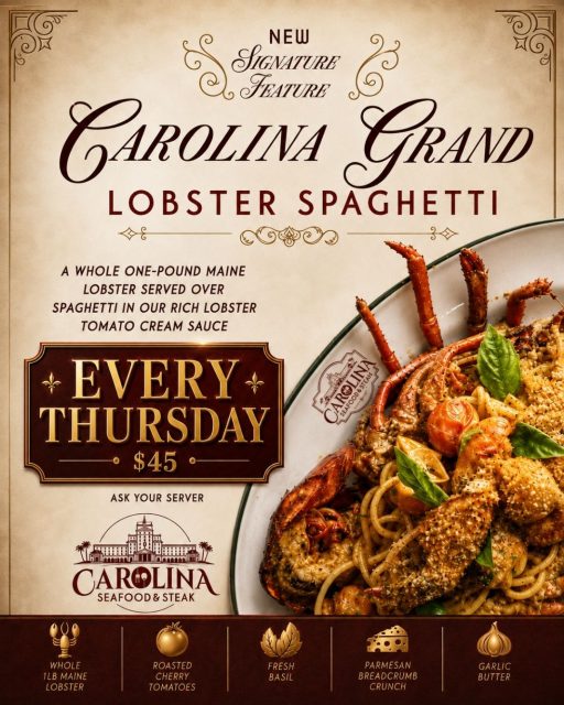 🦞 Make Thursday your lobster night at Carolina Seafood & Steak!

Dig into our Carolina Grand Lobster Spaghetti — a whole 1-lb Maine lobster served over spaghetti in a rich lobster tomato cream sauce, with your choice of soup or salad🍝✨

🍷 Add a glass of white wine for just $6 and make dinner even better.

EVERY THURSDAY • $45 • WHILE SUPPLIES LAST

Lobster, pasta, wine, and a night out in Myrtle Beach — sounds like a pretty good Thursday to us ❤️

📍 9911 N Kings Hwy, Myrtle Beach, SC 29572
📞 (843)945-9288
🌐 carolinasteakhouse.com

#CarolinaSeafoodAndSteak #MyrtleBeachSeafood #LobsterLovers #MyrtleBeachRestaurants #MyrtleBeachEats