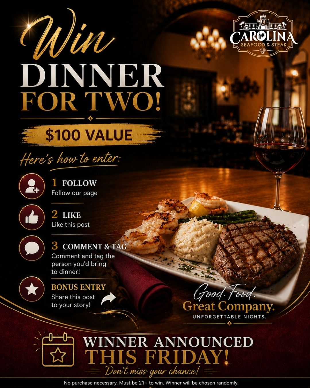 🎉 WIN Dinner for Two at Carolina Seafood & Steak! 🥩🍷

We’re giving one lucky winner a $100 dinner value — perfect for a night out in Myrtle Beach! ❤️

To enter: Follow our page, like this post, and comment + tag the person you’d bring to dinner. Want a bonus entry? Share this post to your story! ✨

🏆 Winner announced this Friday!
No purchase necessary. Must be 21+ to win. Winner chosen randomly.

📍 9911 N Kings Hwy, Myrtle Beach, SC 29572
📞 (843)945-9288
🌐 carolinasteakhouse.com

#CarolinaSeafoodAndSteak #MyrtleBeachGiveaway #MyrtleBeachRestaurants #DinnerForTwo #MyrtleBeachDining #MyrtleBeachSteakhouse #MyrtleBeachSeafood #MyrtleBeachEats #GiveawayAlert #RestaurantGiveaway