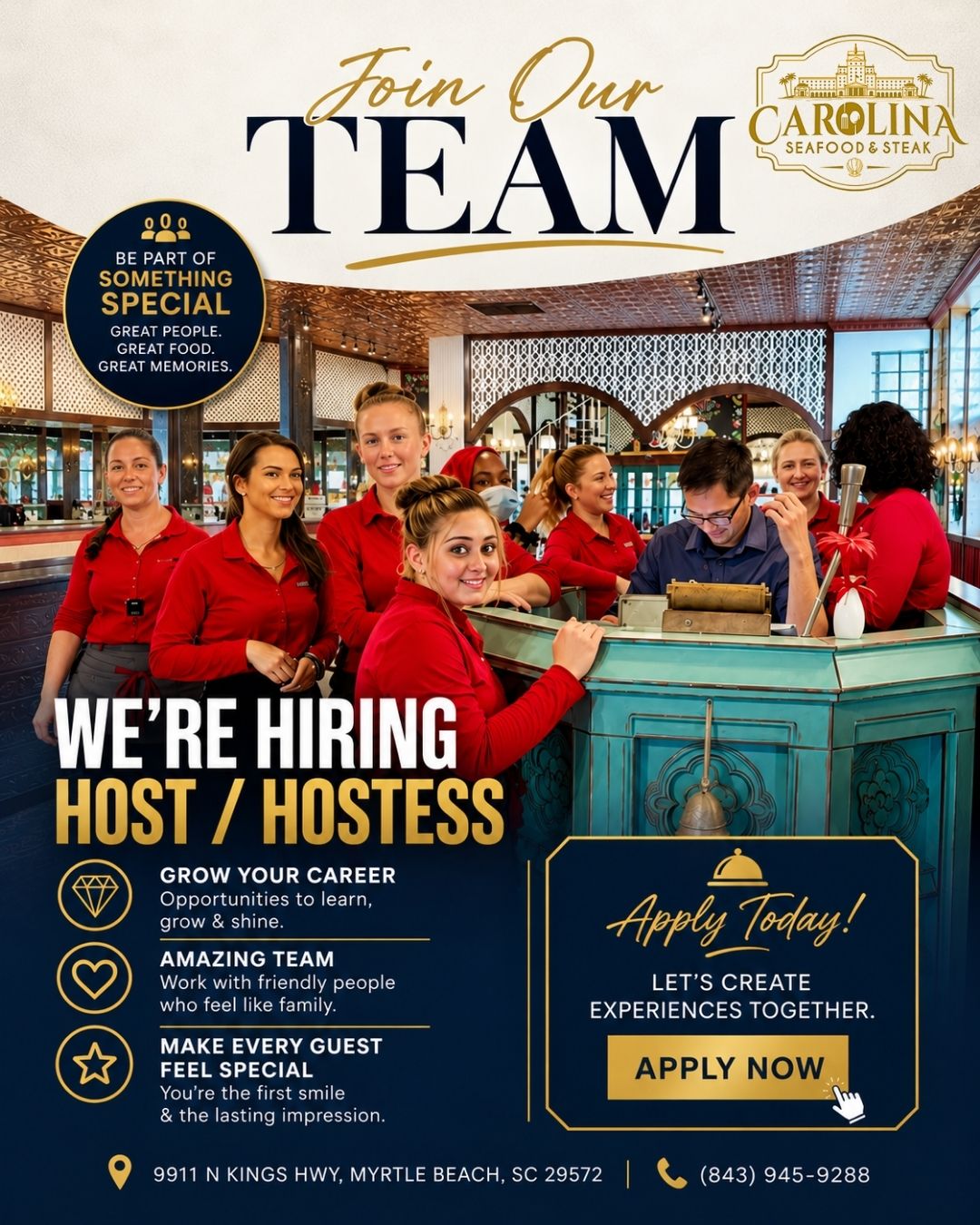 ✨Carolina Seafood hiring Host/ Hostess✨
Want to be a part of our amazing team?😎 Apply in person daily after 4 pm and ask Tevos.

📞 (843)945-9288
📍 9911 N Kings Hwy, Myrtle Beach, SC 29572
🌐 carolinasteakhouse.com

#CarolinaSeafoodAndSteak #MyrtleBeach #MyrtleBeachDining #SouthernHospitality #SeafoodAndSteak #MyrtleBeachSteakhouse #SteakHouseMyrtleBeach #MyrtleBeachSeafood #Restaurant #MyrtleBeachRestaurants #MyrtleBeachEats #Hiring #hostessjobs #MyrtleBeachJobs #MyrtleBeachHiring