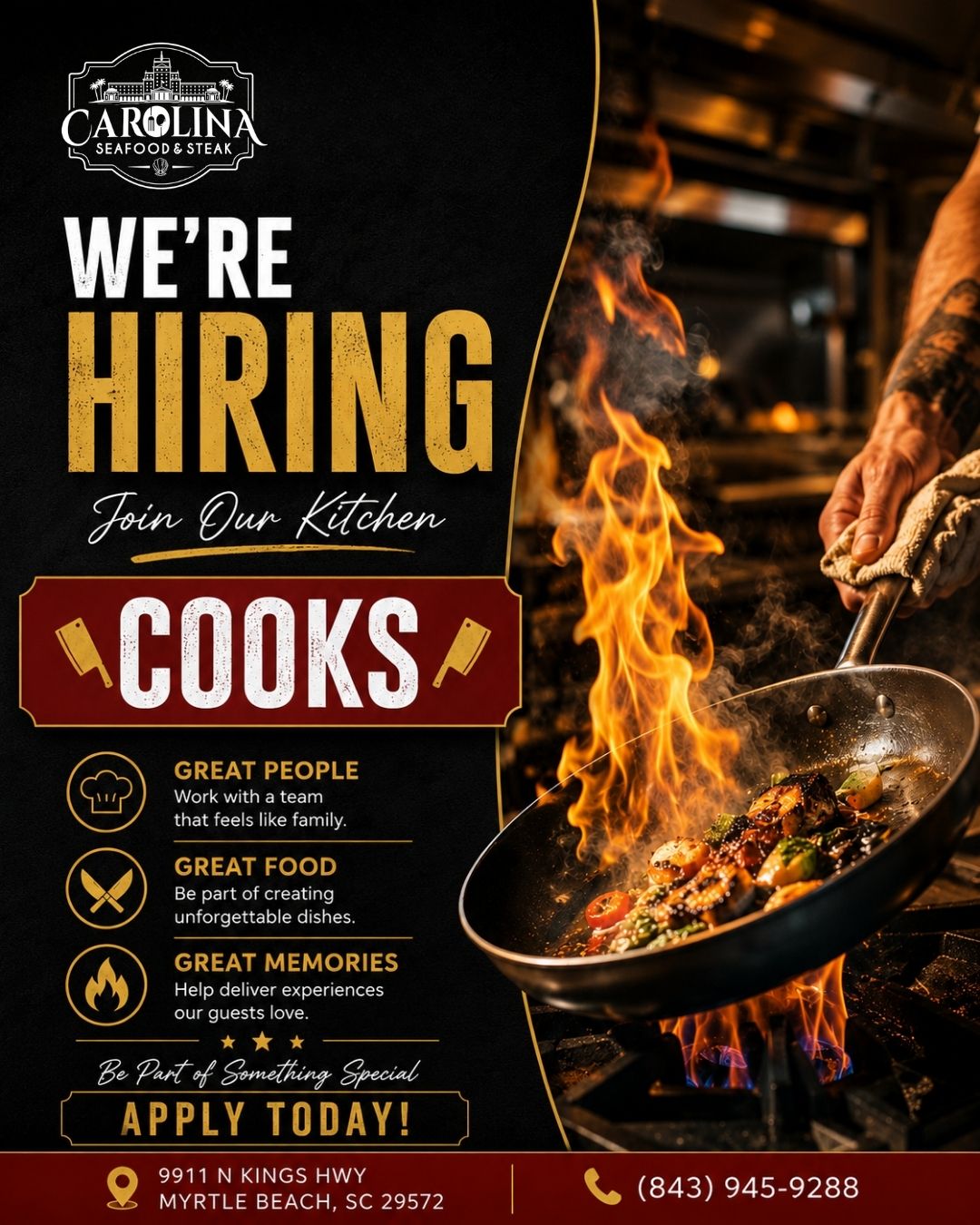 🚨 NOW HIRING COOKS! 👨‍🍳🔥

Looking for more than just a kitchen job? Join the team at Carolina Seafood & Steak and be part of creating the dishes and experiences our guests remember.

⭐ Great People — work with a team that feels like family
⭐ Great Food — help create unforgettable dishes
⭐ Great Memories — be part of experiences our guests love

Work in one of Myrtle Beach’s most unique and historic restaurants and become part of something special❤️
Apply in person daily after 4 pm and ask Tevos. Tag someone who would be a great fit. 👇

📍 9911 N Kings Hwy, Myrtle Beach, SC 29572
📞 (843) 945-9288
🌐 carolinasteakhouse.com

#CarolinaSeafoodAndSteak #NowHiring #HiringCooks #CookJobs #RestaurantJobs #MyrtleBeachJobs #MyrtleBeachHiring #KitchenJobs #HospitalityJobs #ChefJobs #RestaurantCareers #MyrtleBeachSC