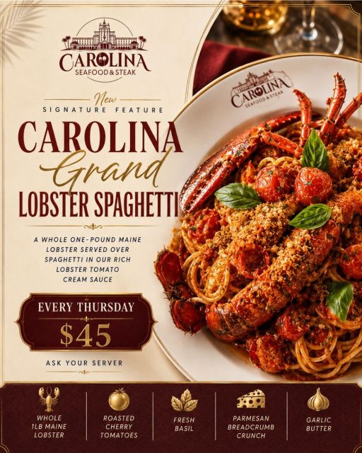 🦞 Thursday dinner plans? We’ve got you covered!
Enjoy our Carolina Grand Lobster Spaghetti — a whole 1-lb Maine lobster served over spaghetti in a rich lobster tomato cream sauce, with your choice of soup or salad. 🍝✨
🍷 Add a glass of white wine for just $6 for the perfect pairing.

EVERY THURSDAY • $45 • WHILE SUPPLIES LAST
A whole lobster, a plate of pasta, and a night out in Myrtle Beach — what’s not to love? ❤️

📍 9911 N Kings Hwy, Myrtle Beach, SC 29572
📞 (843)945-9288
🌐 carolinasteakhouse.com

#CarolinaSeafoodAndSteak #LobsterThursday #MyrtleBeachSeafood #MyrtleBeachRestaurants #LobsterLovers #MyrtleBeachEats #SeafoodLovers #LobsterDinner #MyrtleBeachDining #RestaurantRow