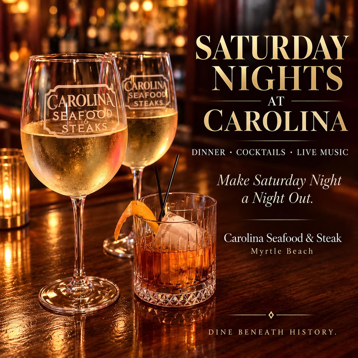 🥂 Saturday called… it said you need a night out. 😏

Steaks. Seafood. Cocktails. Live music. 🎶
Bring someone you actually like. ❤️

Saturday Nights at Carolina.
Dine Beneath History.