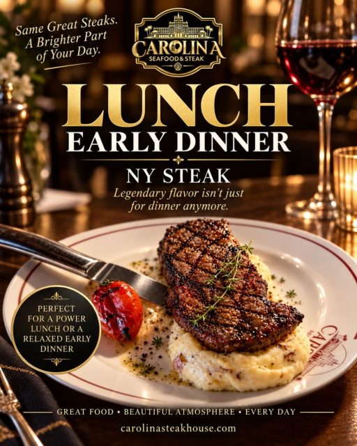 🥩 Make lunch worth looking forward to.

Enjoy the same great steaks you love at Carolina Seafood & Steak — perfect for a power lunch or a relaxed early dinner ✨

Great food, a beautiful historic atmosphere, and a meal worth slowing down for.

🍽️ Lunch & Early Bird: Daily, 12–6 PM

📍 9911 N Kings Hwy, Myrtle Beach, SC 29572
📞 (843)945-9288
🌐 carolinasteakhouse.com

#CarolinaSeafoodAndSteak #MyrtleBeachLunch #MyrtleBeachSteakhouse #MyrtleBeachRestaurants #MyrtleBeachDining #EarlyBirdSpecials #SteakLunch #LunchInMyrtleBeach #MyrtleBeachEats #RestaurantRow