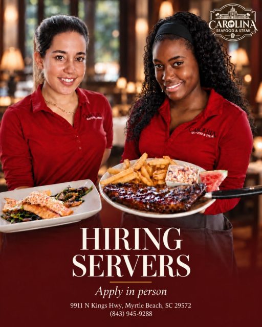 NOW HIRING SERVERS! 🚨
Looking for more than just a job? Join a team that serves more than great meals—we create memorable experiences! ❤️

At Carolina Seafood & Steak, you'll work alongside great people in one of Myrtle Beach's most unique and historic restaurants.
⭐ Great Food
⭐ Great People
⭐ Great Careers

Ready to join our team? Apply in person daily and ask for Tevos.
We can't wait to meet you! ✨
Tag someone who would be a great fit! 👇

📍 9911 N Kings Hwy, Myrtle Beach, SC 29572
📞 (843)945-9288
🌐 carolinasteakhouse.com

#NowHiring #HiringServers #MyrtleBeachJobs #RestaurantJobs #ServerJobs #JoinOurTeam #MyrtleBeach #HospitalityJobs #RestaurantLife #WorkInMyrtleBeach #CarolinaSeafoodSteak #HiringNow #FoodServiceJobs #CareerOpportunity #MyrtleBeachRestaurants