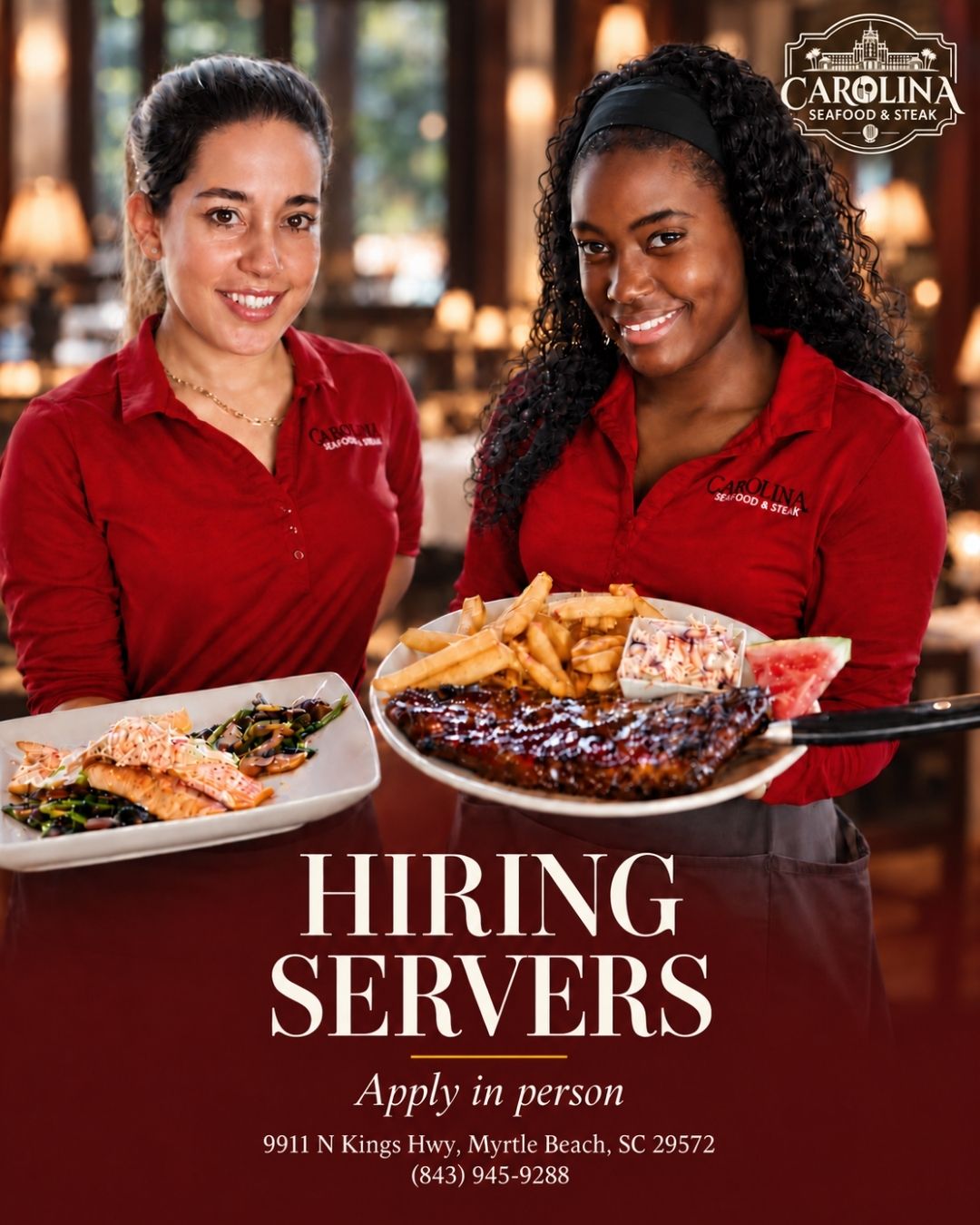 NOW HIRING SERVERS! 🚨
Looking for more than just a job? Join a team that serves more than great meals—we create memorable experiences! ❤️

At Carolina Seafood & Steak, you'll work alongside great people in one of Myrtle Beach's most unique and historic restaurants.
⭐ Great Food
⭐ Great People
⭐ Great Careers

Ready to join our team? Apply in person daily and ask for Tevos.
We can't wait to meet you! ✨
Tag someone who would be a great fit! 👇

📍 9911 N Kings Hwy, Myrtle Beach, SC 29572
📞 (843)945-9288
🌐 carolinasteakhouse.com

#NowHiring #HiringServers #MyrtleBeachJobs #RestaurantJobs #ServerJobs #JoinOurTeam #MyrtleBeach #HospitalityJobs #RestaurantLife #WorkInMyrtleBeach #CarolinaSeafoodSteak #HiringNow #FoodServiceJobs #CareerOpportunity #MyrtleBeachRestaurants