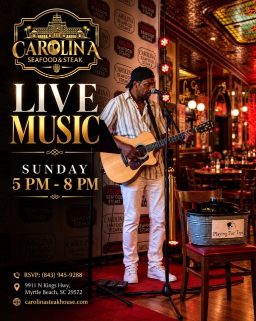 🎶 Make Sunday the highlight of your Labor Day Weekend! ✨

Join us at Carolina Seafood & Steak for LIVE MUSIC this Sunday from 5–8 PM and enjoy a relaxed evening with great food, cocktails, and historic Myrtle Beach charm 🥩🦞🍸

🍽️ Lunch & Early Bird: Daily, 12–6 PM
🍸 Happy Hour — Bar Only: Daily, 4–7 PM
🎶 Live Music: 5–8 PM

Bring your family and friends, come hungry, and let the music set the mood for a perfect Sunday night ❤️

📍 9911 N Kings Hwy, Myrtle Beach, SC 29572
📞 (843)945-9288
🌐 carolinasteakhouse.com

#CarolinaSeafoodAndSteak #MyrtleBeachLiveMusic #LiveMusicMyrtleBeach #LaborDayWeekend #MyrtleBeachRestaurants #MyrtleBeachDining #MyrtleBeachSteakhouse #MyrtleBeachSeafood #SundayFunday #MyrtleBeachEats