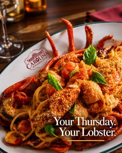 🦞 Make Thursday a little more delicious.
Treat yourself to our Carolina Grand Lobster Spaghetti — a whole 1-lb Maine lobster served over spaghetti in a rich lobster tomato cream sauce, with your choice of soup or salad. 🍝✨
🍷 Add a glass of white wine for just $6 and complete the meal.

EVERY THURSDAY • $45 • WHILE SUPPLIES LAST

Lobster, pasta, wine, and a night out in Myrtle Beach — Thursday plans made easy. ❤️

📍 9911 N Kings Hwy, Myrtle Beach, SC 29572
📞 (843)945-9288
🌐 carolinasteakhouse.com

#CarolinaSeafoodAndSteak #LobsterThursday #MyrtleBeachSeafood #MyrtleBeachRestaurants #LobsterLovers #MyrtleBeachEats #SeafoodLovers #LobsterDinner #MyrtleBeachDining #RestaurantRow