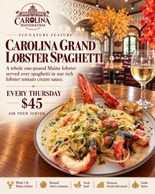 🦞 Thursday night deserves lobster.

Treat yourself to our Carolina Grand Lobster Spaghetti — a whole 1-lb Maine lobster served over spaghetti in a rich lobster tomato cream sauce, with your choice of soup or salad. 🍝✨
🍷 Add a glass of white wine for just $6.
EVERY THURSDAY • $45 • WHILE SUPPLIES LAST

Lobster, pasta, wine, and a night out in Myrtle Beach — sounds like a pretty good plan. ❤️

📍 9911 N Kings Hwy, Myrtle Beach, SC 29572
📞 (843)945-9288
🌐 carolinasteakhouse.com

#CarolinaSeafoodAndSteak #MyrtleBeachSeafood #LobsterLovers #MyrtleBeachRestaurants #MyrtleBeachEats