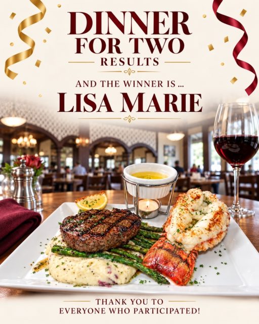 🎉 We have a winner — congratulations, LISA MARIE! 🏆🥩🍷

Lisa has won Dinner for Two at Carolina Seafood & Steak — a $100 value + 2 cinema tickets! ❤️
Thank you so much to everyone who entered and joined the fun. We loved seeing all your comments and tags — and there’s more coming, so stay tuned! ✨
Lisa, we can’t wait to welcome you in!

📍 9911 N Kings Hwy, Myrtle Beach, SC 29572
📞 (843)945-9288
🌐 carolinasteakhouse.com

#CarolinaSeafoodAndSteak #MyrtleBeachGiveaway #DinnerForTwo #MyrtleBeachRestaurants #GiveawayWinner