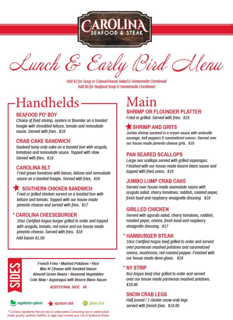 Lunch and Early Bird Menu Carolina Seafood and Steak Myrtle Beach