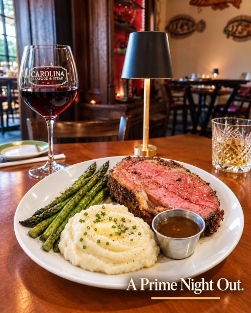 🥩 Wednesday calls for Prime Rib. ✨
Enjoy a tender, slow-roasted 12 oz. Prime Rib with creamy mashed potatoes, asparagus, and your choice of soup or salad — $38.
🍷 Add a glass of Cabernet for just $6.
Great steak, good wine, and a little historic Myrtle Beach charm.
Every Wednesday. 🔥

📍 9911 N Kings Hwy, Myrtle Beach, SC 29572
📞 (843)945-9288
🌐 carolinasteakhouse.com

#PrimeRibWednesdays #MyrtleBeachRestaurants #CarolinaSeafoodAndSteak #PrimeRib #SteakDinner #MyrtleBeachDining #RestaurantRow #MyrtleBeachFood #FineDiningMyrtleBeach #Steakhouse #WineAndDine #Foodie #VisitMyrtleBeach #SeafoodAndSteak #DinnerSpecials