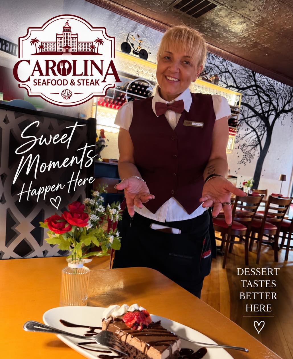 🍫❤️ Life Is Short. Make It Sweet!

Great food, sweet moments, and Kali’s warm hospitality — only at Carolina Seafood & Steak! ✨