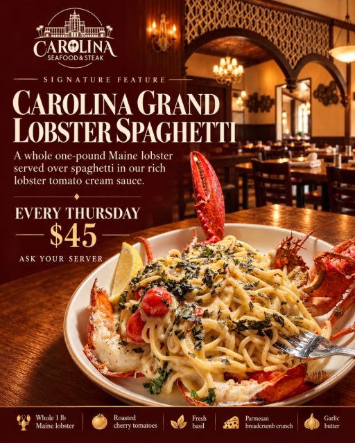 🦞 Make Thursday your lobster night at Carolina Seafood & Steak!
Dig into our Carolina Grand Lobster Spaghetti — a whole 1-lb Maine lobster served over spaghetti in a rich lobster tomato cream sauce, with your choice of soup or salad🍝✨
🍷 Add a glass of white wine for just $6 and make dinner even better.

EVERY THURSDAY • $45 • WHILE SUPPLIES LAST
Lobster, pasta, wine, and a night out in Myrtle Beach — sounds like a pretty good Thursday to us ❤️

📍 9911 N Kings Hwy, Myrtle Beach, SC 29572
📞 (843)945-9288
🌐 carolinasteakhouse.com

#CarolinaSeafoodAndSteak #MyrtleBeachSeafood #LobsterLovers #MyrtleBeachRestaurants #MyrtleBeachEats