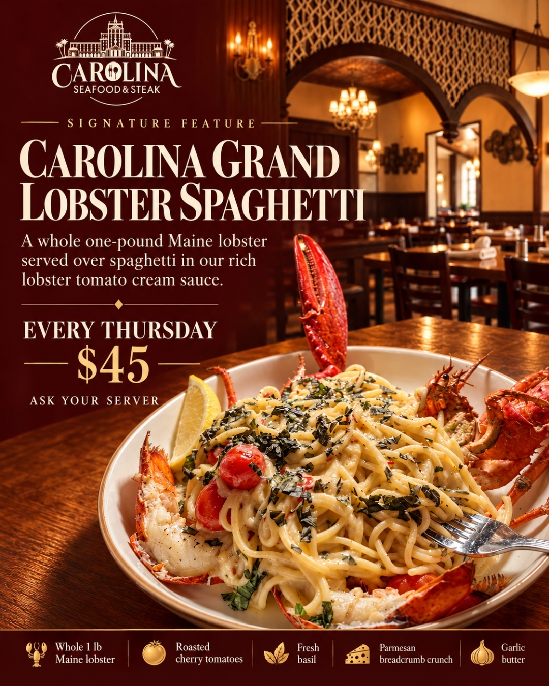 🦞 Make Thursday your lobster night at Carolina Seafood & Steak!
Dig into our Carolina Grand Lobster Spaghetti — a whole 1-lb Maine lobster served over spaghetti in a rich lobster tomato cream sauce, with your choice of soup or salad🍝✨
🍷 Add a glass of white wine for just $6 and make dinner even better.

EVERY THURSDAY • $45 • WHILE SUPPLIES LAST
Lobster, pasta, wine, and a night out in Myrtle Beach — sounds like a pretty good Thursday to us ❤️

📍 9911 N Kings Hwy, Myrtle Beach, SC 29572
📞 (843)945-9288
🌐 carolinasteakhouse.com

#CarolinaSeafoodAndSteak #MyrtleBeachSeafood #LobsterLovers #MyrtleBeachRestaurants #MyrtleBeachEats