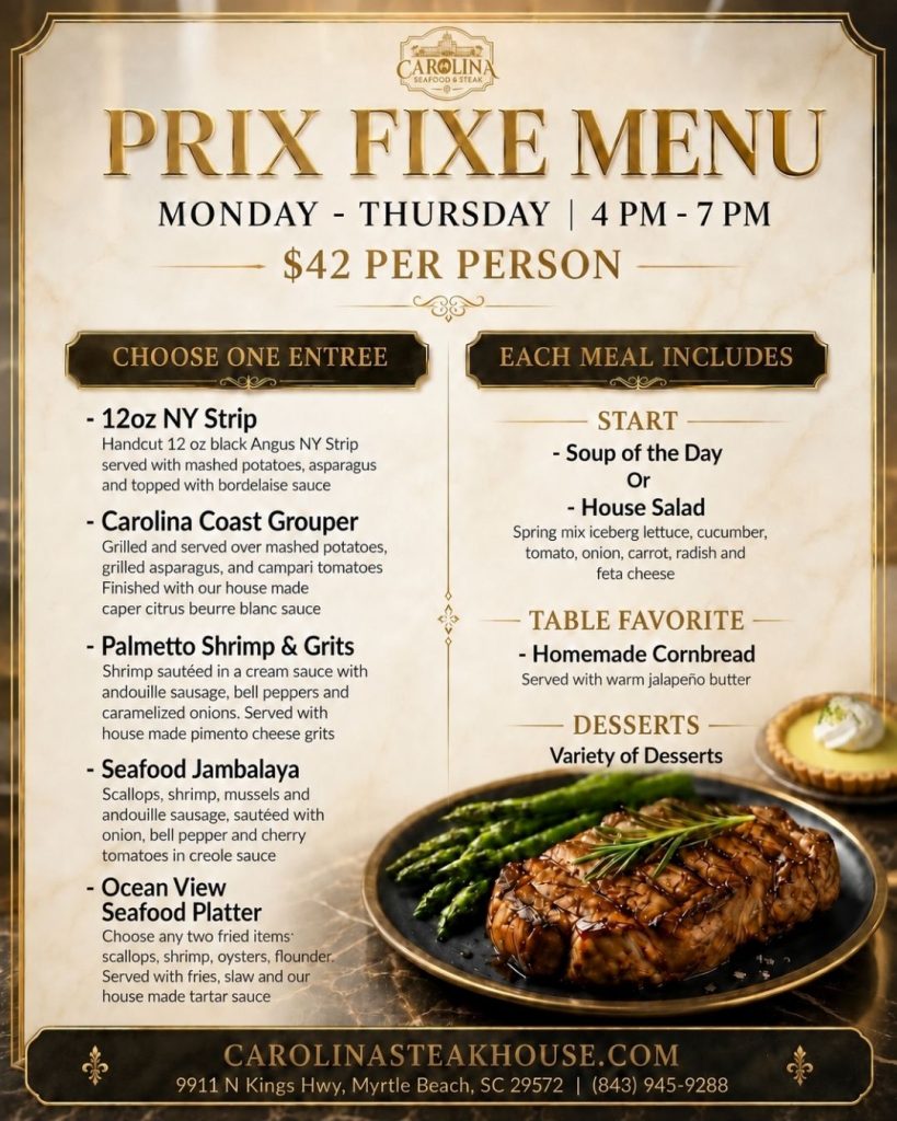 Prix Fixe Menu Carolina Seafood & Steak Myrtle Beach